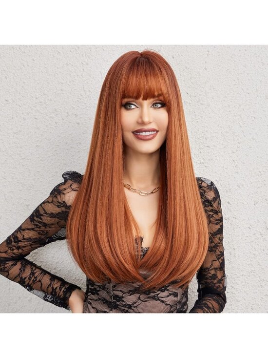 Women\'s Auburn Heat Resistant Long Curly Wavy Synthetic Wig with Bangs Size 26In main image 4